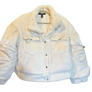 Women's Dual Pocket Button Up Drawstring Teddy Jacket White -Large